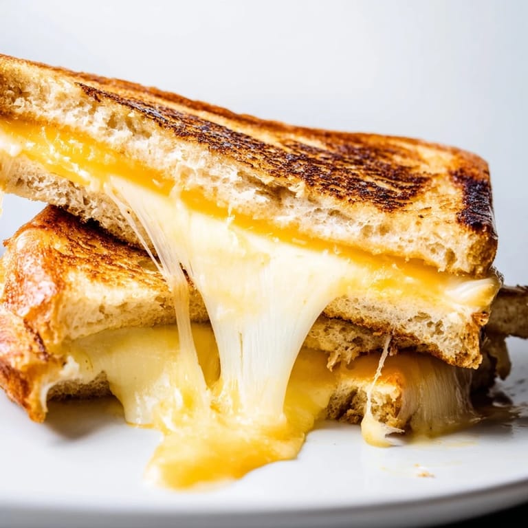 Crusty sourdough Three-Cheese Grilled Cheese is sliced diagonally, revealing a rich, multicolored cheese pull perfect for a classic lunch.