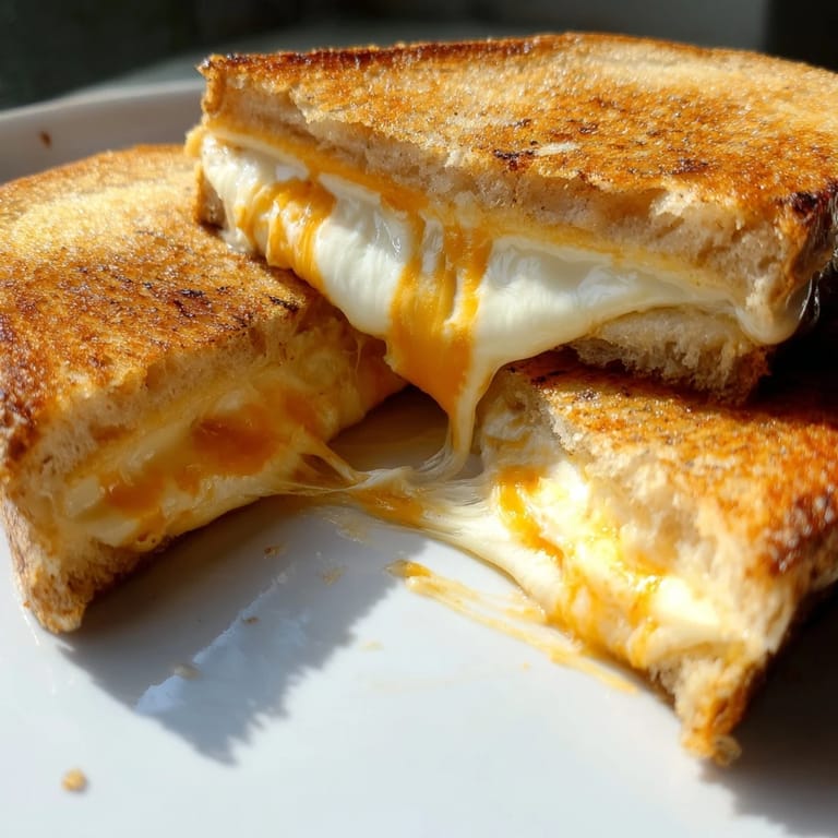 A hot Three-Cheese Grilled Cheese is served beside a red bowl of creamy tomato soup on a rustic wooden table.