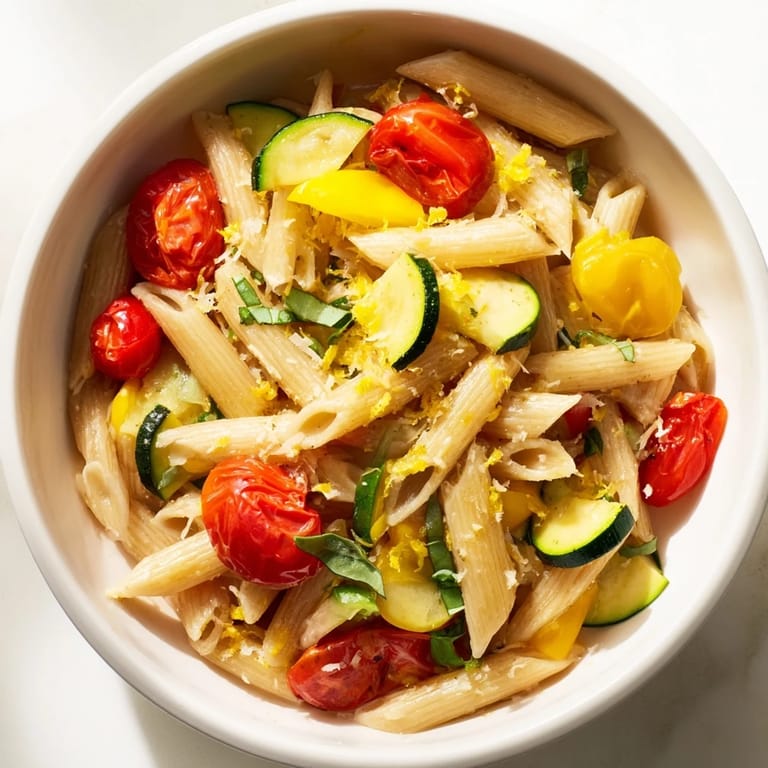 Overhead view of a skillet of Garden Veggie Pasta, featuring penne noodles tossed with garden vegetables and flecked with red pepper flakes, garnished with lemon zest.