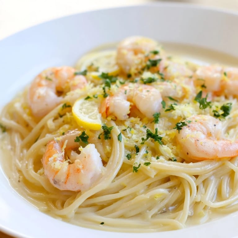 Tongs lift a portion of zesty lemon garlic shrimp pasta, showcasing plump shrimp and spaghetti coated in rich buttery sauce.