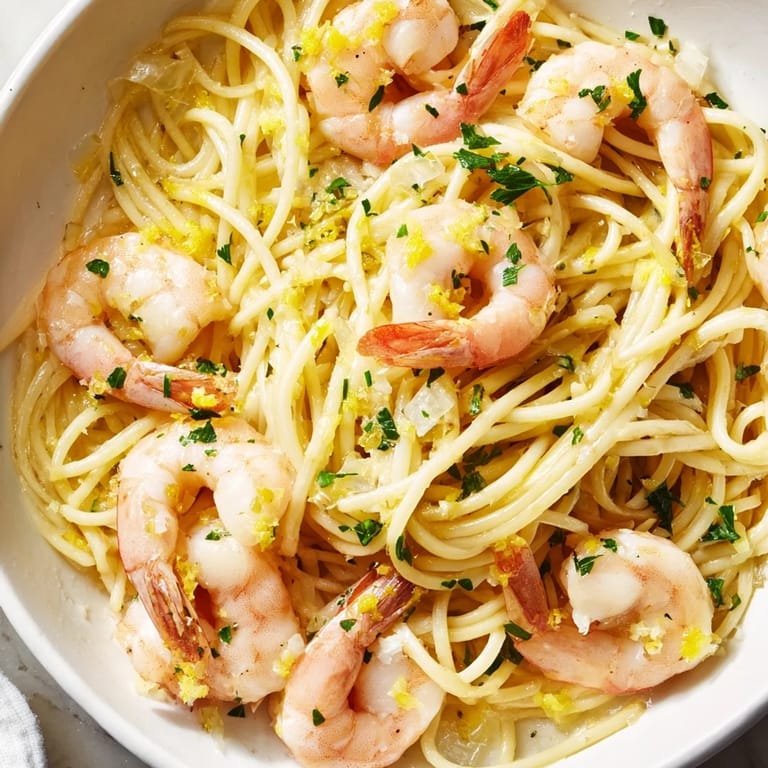 A close-up of lemon garlic shrimp pasta highlights glistening lemon zest, red pepper flakes, and juicy shrimp ready to eat.