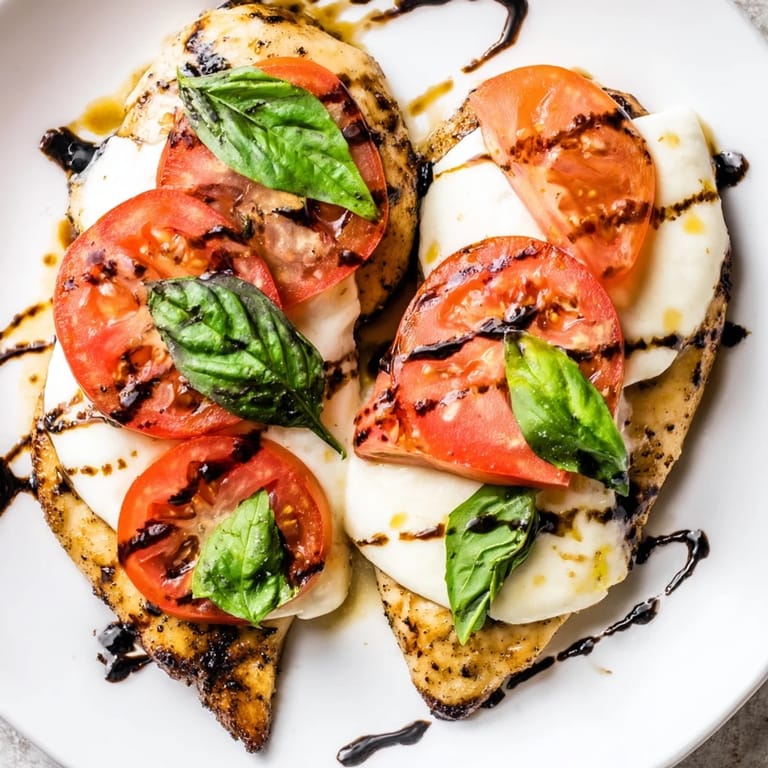 Sizzling Caprese Chicken Skillet features golden chicken breasts layered with creamy mozzarella and vibrant red tomato slices.