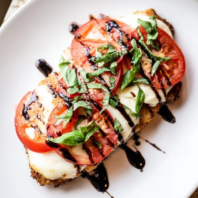 Easy Caprese Chicken Skillet served in a rustic pan, finished with fresh basil and a drizzle of sweet balsamic.