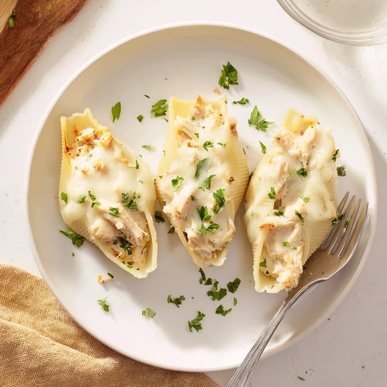 A close-up view shows tender jumbo pasta shells stuffed with shredded chicken and Alfredo sauce, paired with a side salad and garlic bread.