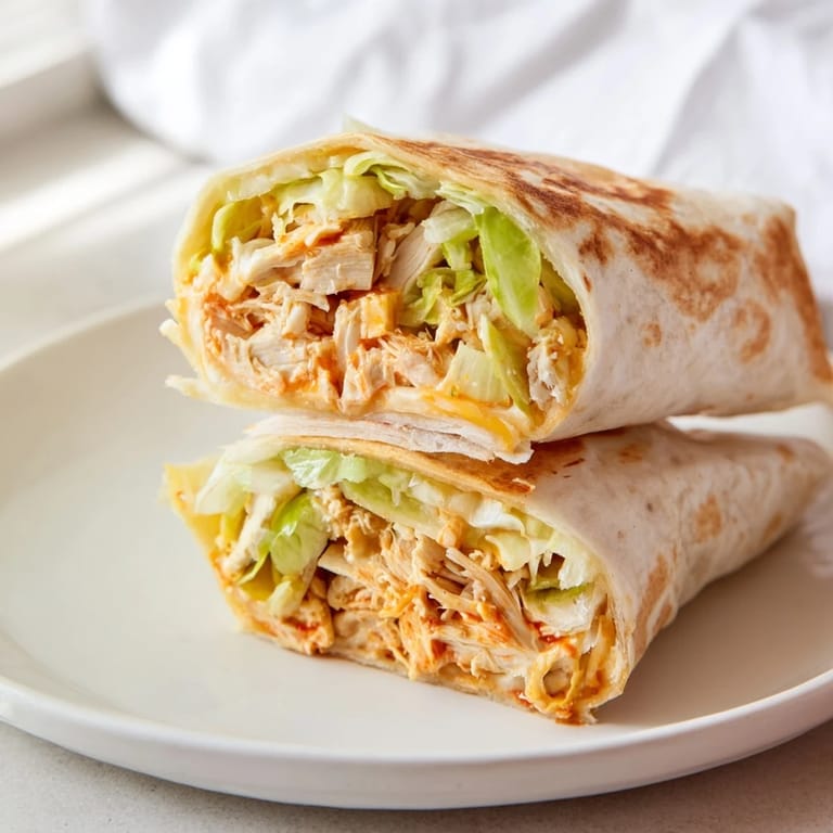 Two halves of a Buffalo Ranch Chicken Wrap on a plate, drizzled with ranch and extra buffalo sauce.