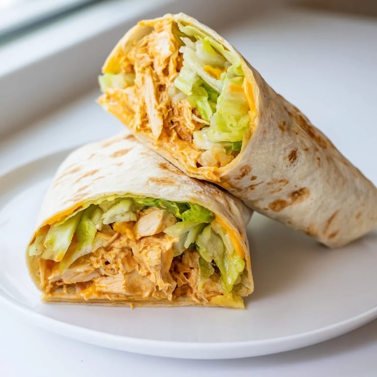Golden toasted Buffalo Ranch Chicken Wrap on a wooden board, packed with shredded chicken, lettuce, cheese, and red onion.