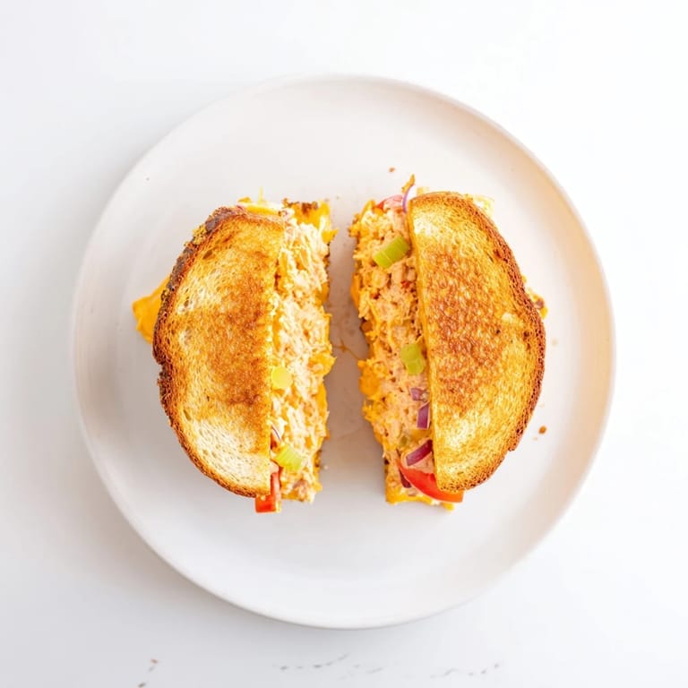 A close-up of a Spicy Tuna Melt sliced in half on a rustic plate.  