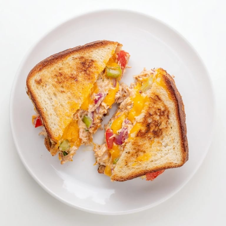 Homemade Spicy Tuna Melt with gooey cheese and tomato served with a side of pickles.