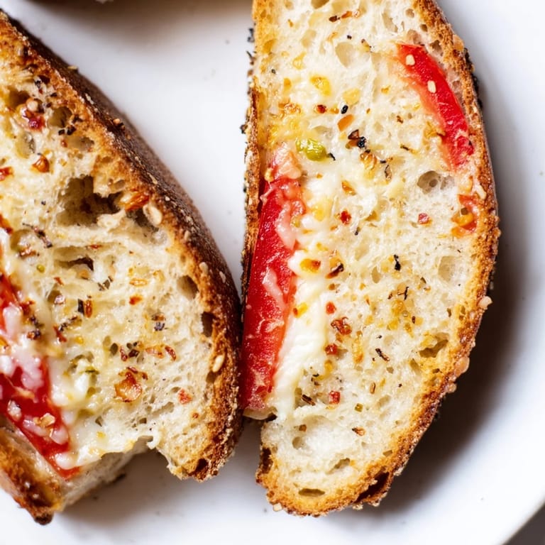 Close-up of a spicy Pepper Jack & Tomato Grilled Cheese, showing melted pepper jack and ripe tomato slices on golden grilled bread.