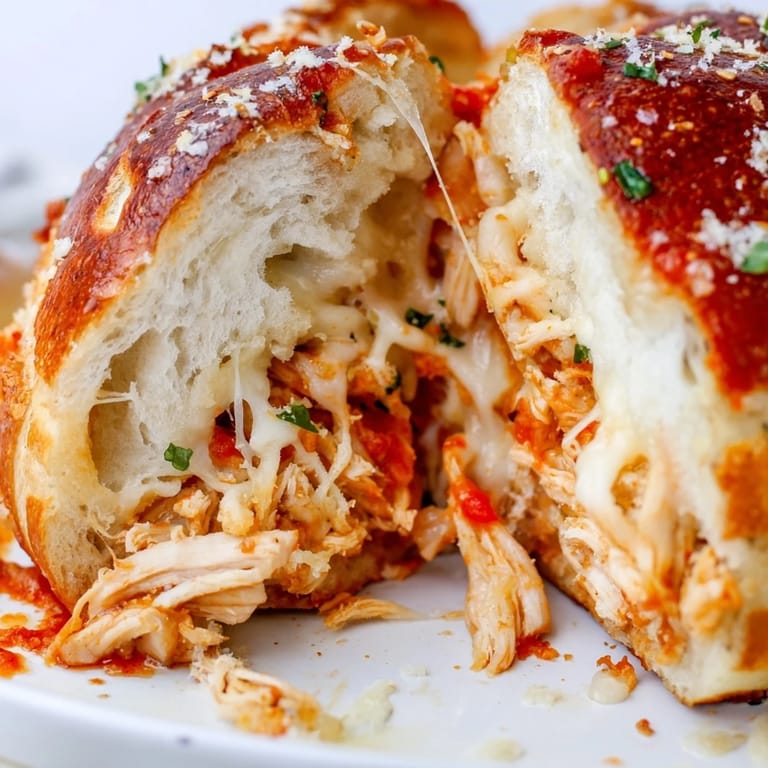 A close-up of freshly baked Chicken Parm Stuffed Garlic Bread, revealing tender chicken and herbs inside the golden crust.  