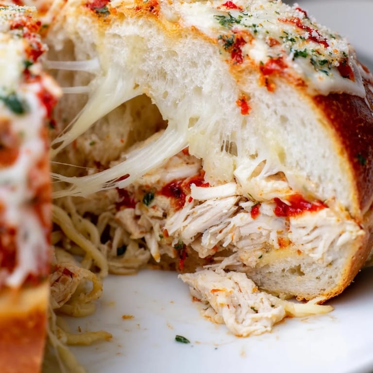 Cheesy, savory Chicken Parm Stuffed Garlic Bread served hot, garnished with fresh parsley and red pepper flakes.