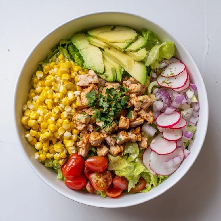 Bright, colorful Roasted Corn & Chicken Chopped Salad topped with creamy avocado and radish slices, tossed in lime vinaigrette and ready to serve for an easy summer dinner.