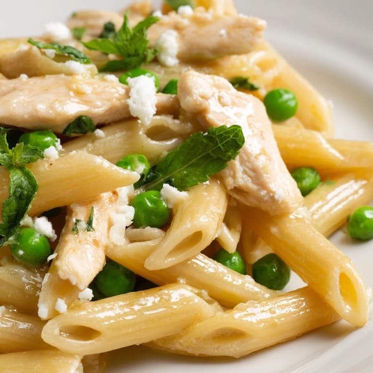 Serving suggestion for Pea & Mint Chicken Pasta with extra mint and a glass of crisp white wine.