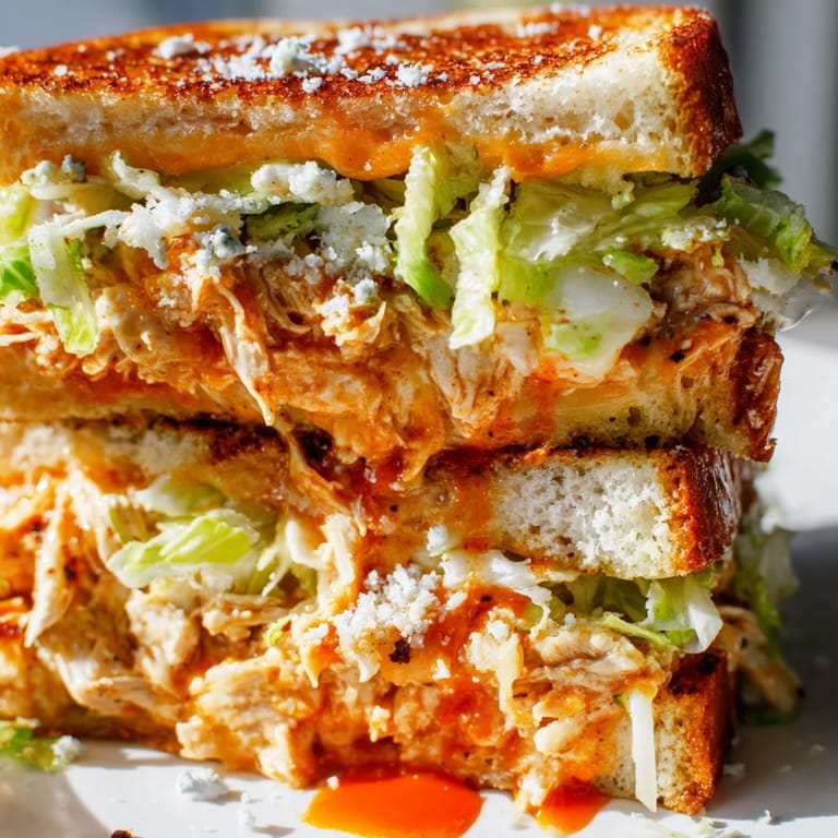 Close-up of cheesy, buttery Buffalo Chicken Caesar Grilled Cheese sandwich with shredded romaine and golden crust.