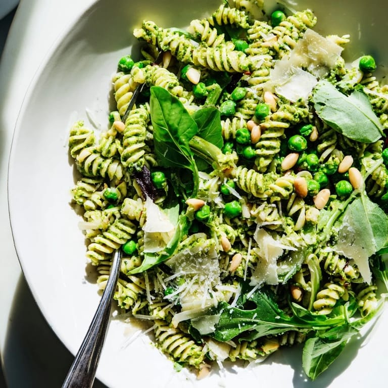Spring Green Pesto Pasta Salad close-up, showing fusilli pasta coated in green pesto, fresh greens, and pine nuts for crunch.