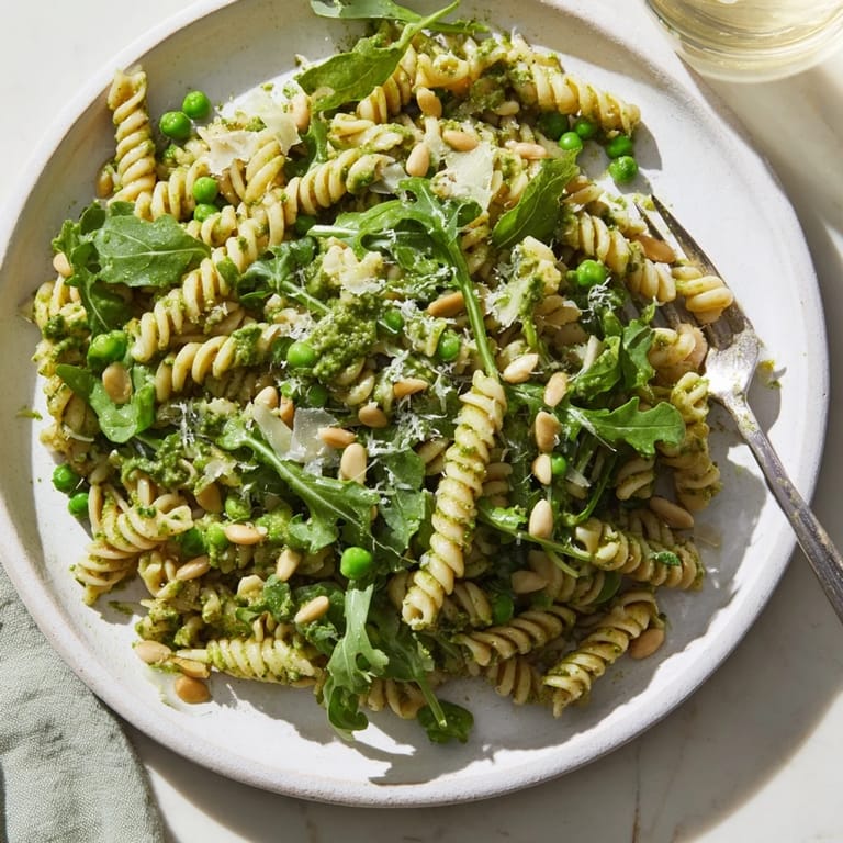 A bowl of chilled Spring Green Pesto Pasta Salad tossed with vibrant basil pesto and feta cheese, perfect for a picnic.