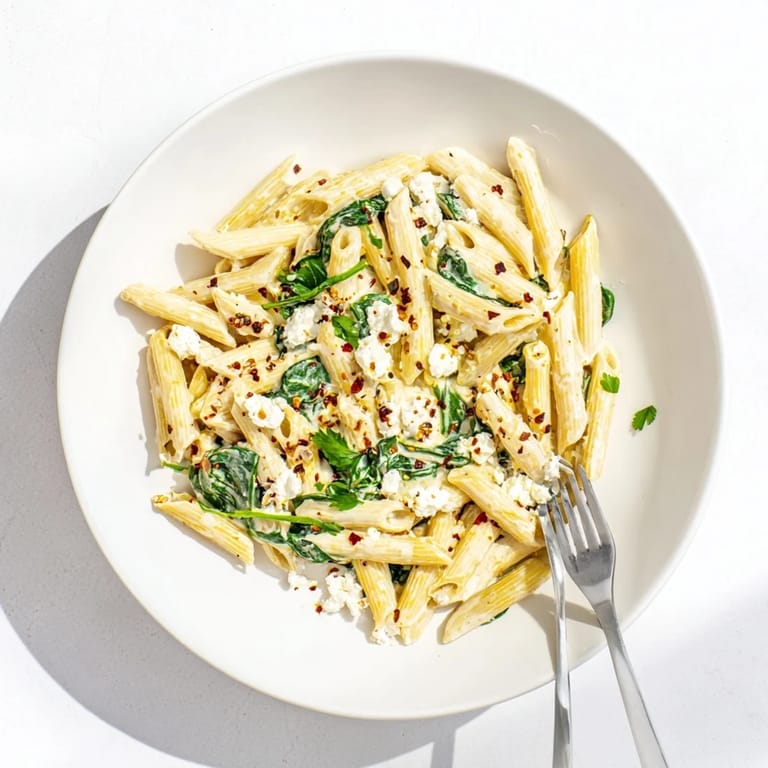 Steaming Creamy Feta Spinach Pasta plated in a rustic bowl, garnished with fresh parsley and lemon zest.