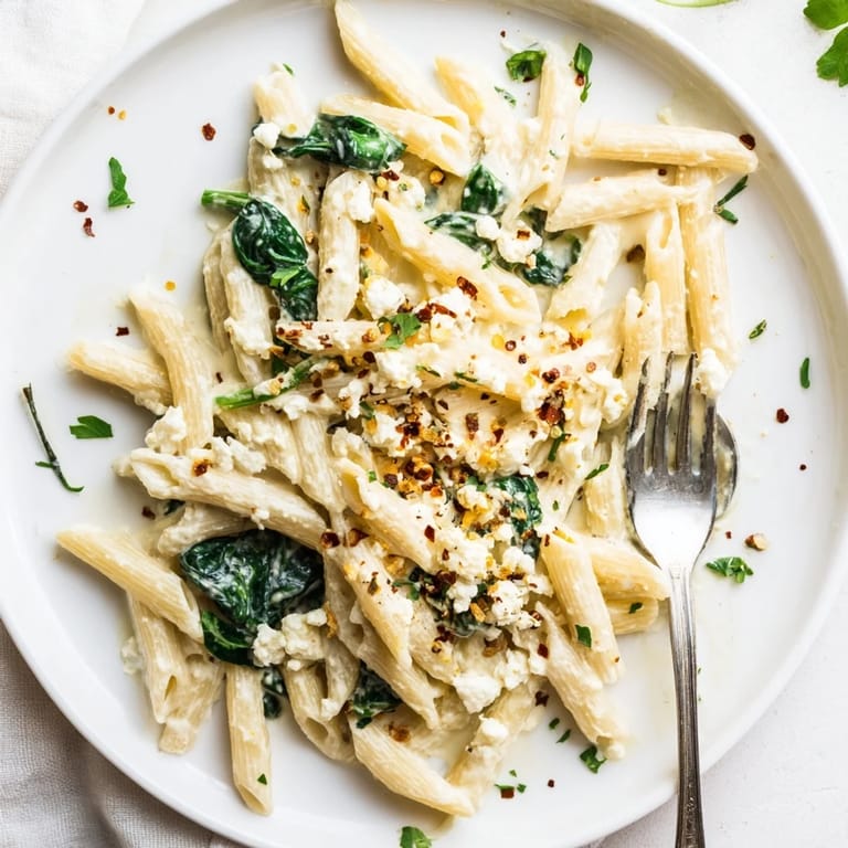 Overhead view of Creamy Feta Spinach Pasta, showing penne tossed with spinach in a creamy, tangy sauce.