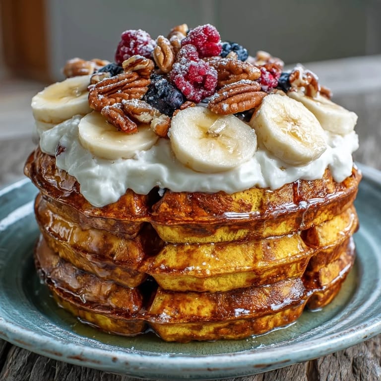 Freshly cooked Anti-Inflammatory Adaptogenic Turmeric Waffles with sliced bananas and a dollop of coconut yogurt, steaming gently on a plate.  