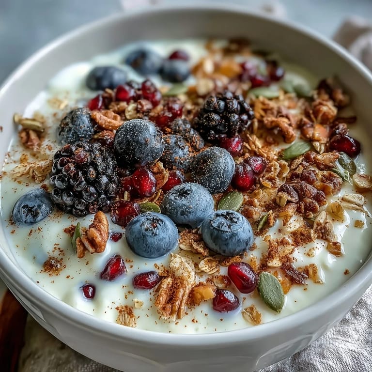 The Yogurt Bowl with Winter Berries and Spiced Crunch features jewel-toned berries and golden, cinnamon-scented clusters.