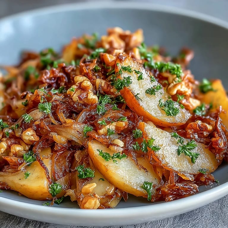 A warm apple and sauerkraut skillet salad glistens with olive oil, topped with toasted walnuts for crunch.  