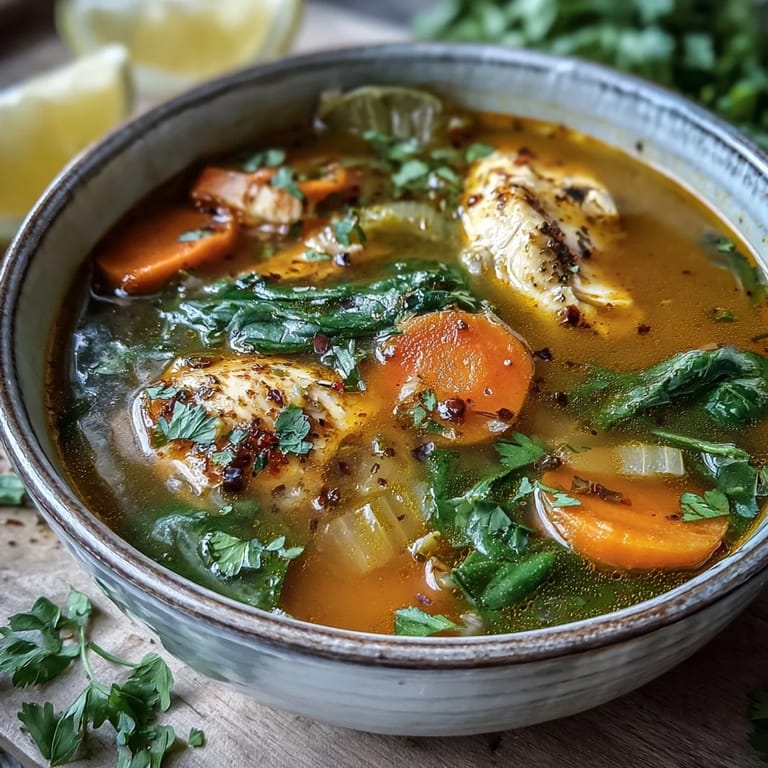 Healing Turmeric Chicken Soup simmers in a pot, steam rising from the vibrant orange broth filled with spinach and chicken.