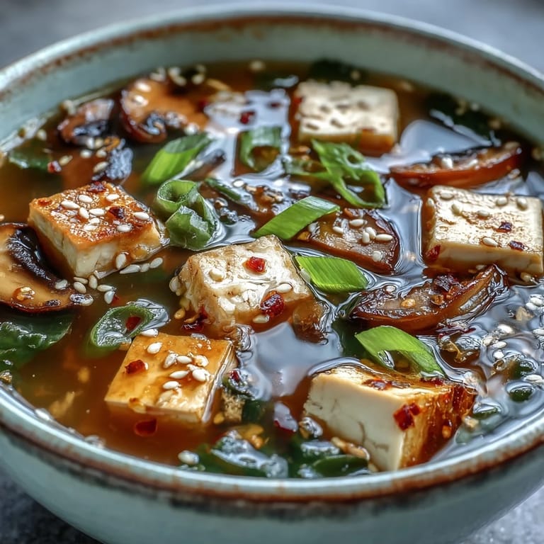 Colorful Ginger-Miso Winter Soup with julienned carrots and silken tofu cubes in a savory, aromatic broth.