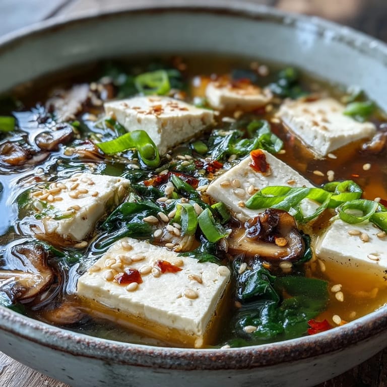 A close-up of Ginger-Miso Winter Soup garnished with scallions, toasted sesame seeds, and a drizzle of chili oil.