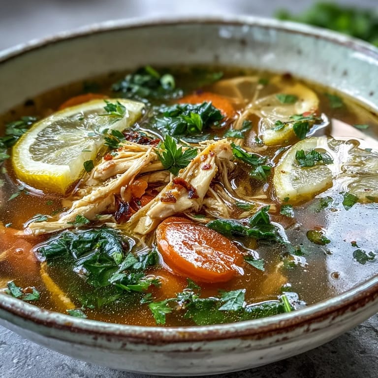 Close-up of High Protein Lemon and Turmeric Chicken Soup with bright yellow turmeric broth, tender chicken pieces, and vibrant baby kale leaves for a healthy comforting meal.