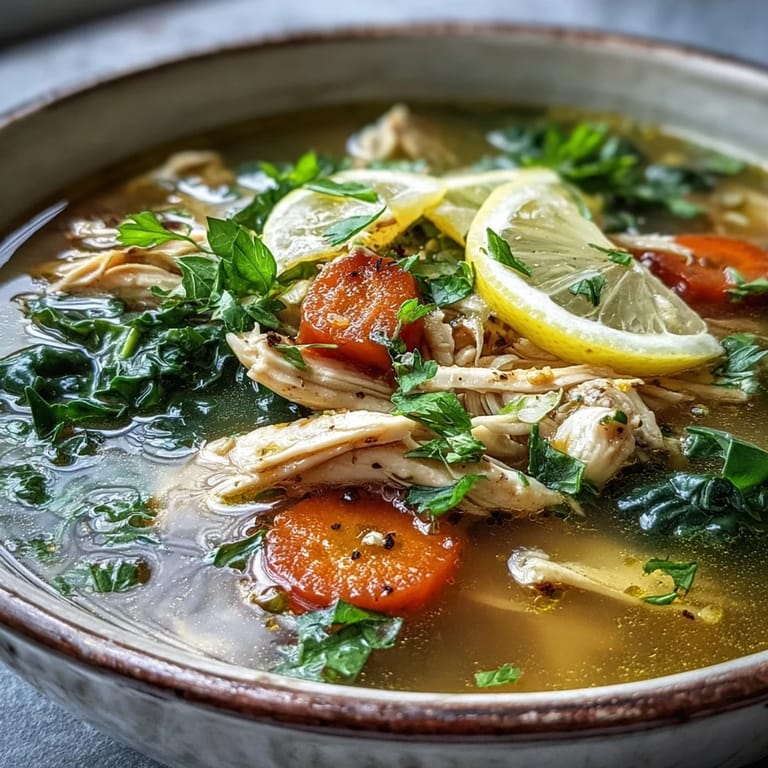 Serving suggestion for High Protein Lemon and Turmeric Chicken Soup in a rustic bowl, garnished with fresh parsley and lemon wedges alongside crusty gluten-free bread.