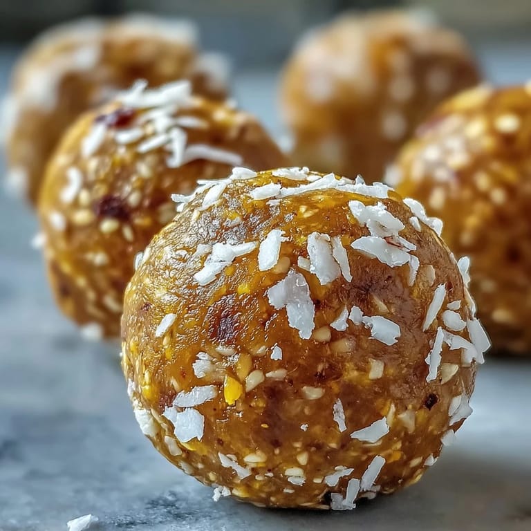Warm golden glow highlights these no-bake Ginger Turmeric Energy balls on a white marble counter.