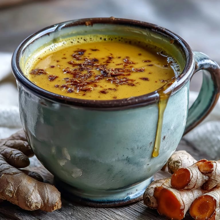 Close-up of Turmeric and Ginger Golden Milk with a gentle foam, highlighting the aromatic spices and a dollop of honey on top.