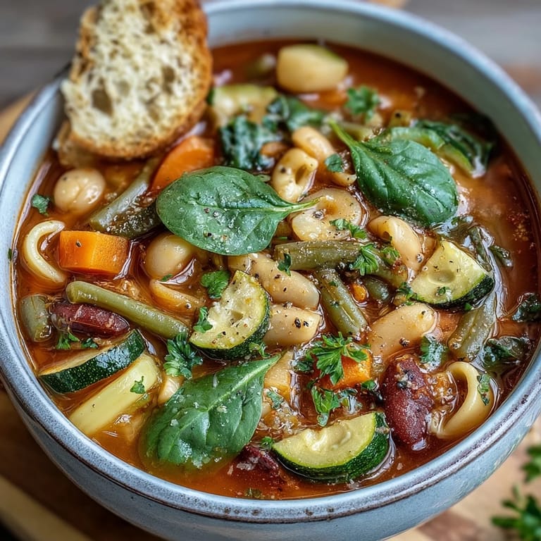 Hearty Minestrone Soup ladled into a white bowl, garnished with fresh parsley and served alongside crusty artisan bread.