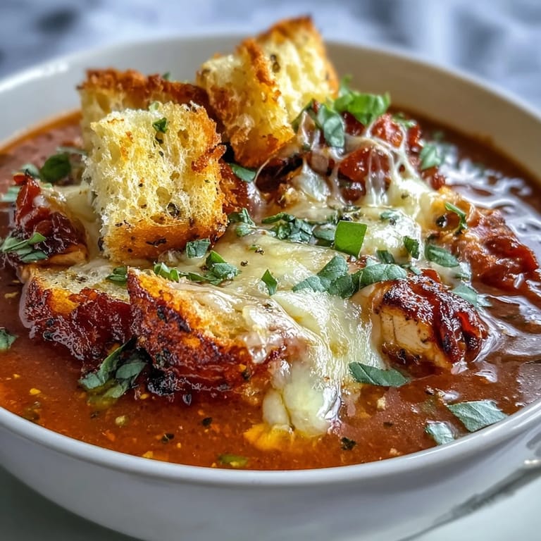 Cheesy Grilled Chicken Parmesan Soup bubbling in a pot, ready to be served with garlic croutons and melted mozzarella.