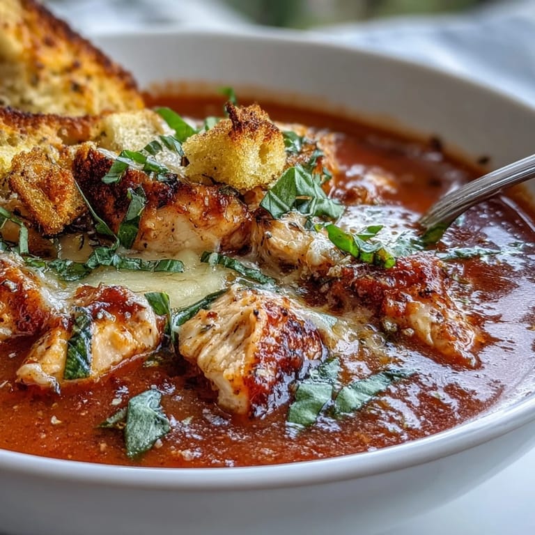 A comforting bowl of Grilled Chicken Parmesan Soup topped with shredded Parmesan and herbs, paired with crusty bread.