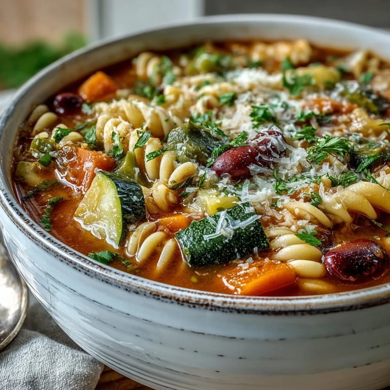 Hearty Minestrone Soup served in a rustic bowl, topped with fresh parsley and a generous drizzle of extra virgin olive oil.