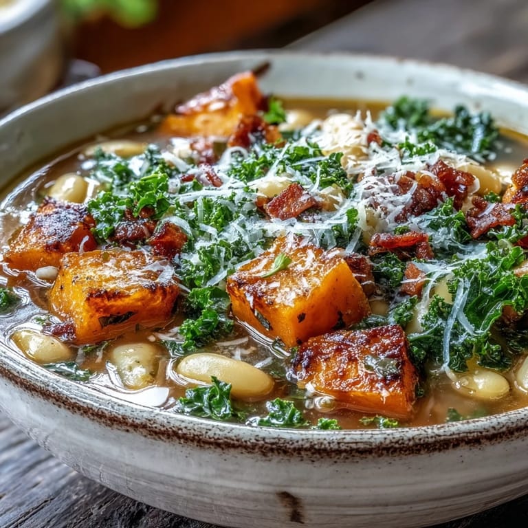A steaming Fall Minestrone with butternut squash, kale, and ditalini pasta in a rustic bowl.