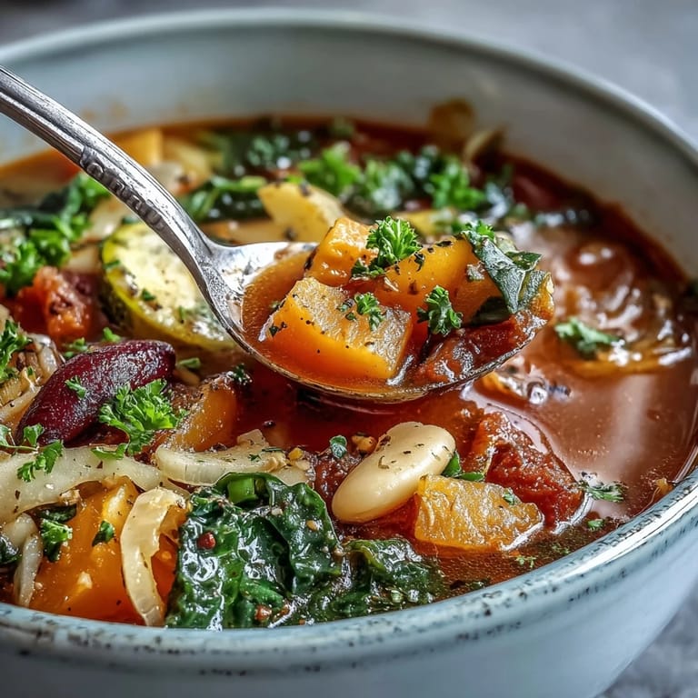 Hearty Winter Minestrone Soup simmering in a pot, featuring beans, zucchini, and fresh herbs, ready for a cozy meal.