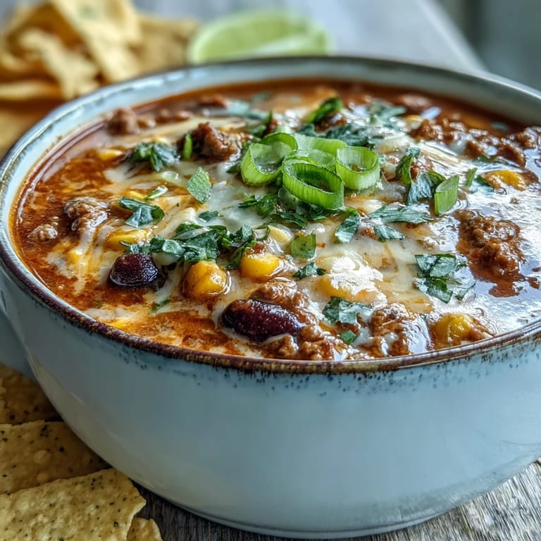 Steaming bowl of Creamy Taco Soup with lime wedges on the side, served alongside warm crusty bread for dipping.
