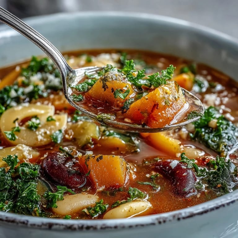 Close-up of a ladle serving Winter Minestrone Soup, showcasing tender vegetables and pasta in a rich broth.