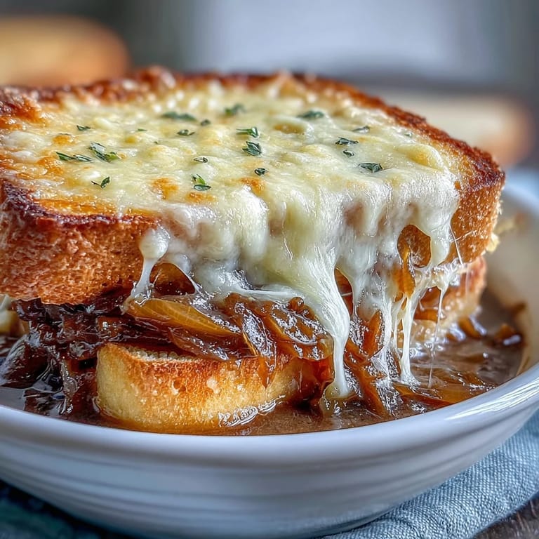 Fresh thyme garnishes this comforting bowl of Dutch Oven French Onion Soup, featuring a bubbly, browned cheese crust and savory deep-brown broth.