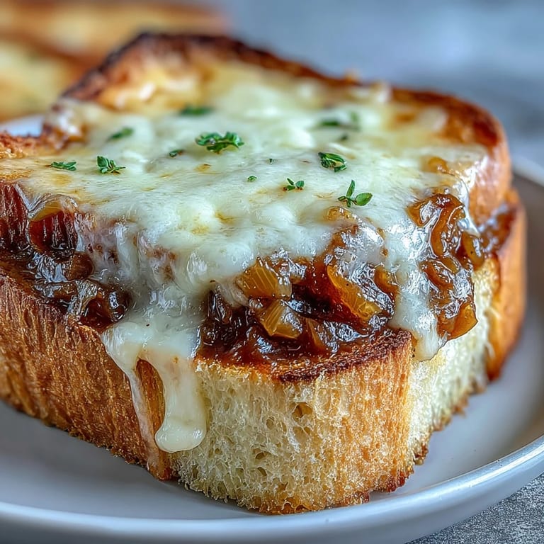 A rustic Dutch oven holds bubbling Dutch Oven French Onion Soup, with toasted bread and golden Gruyère melting over the side, ready to serve.