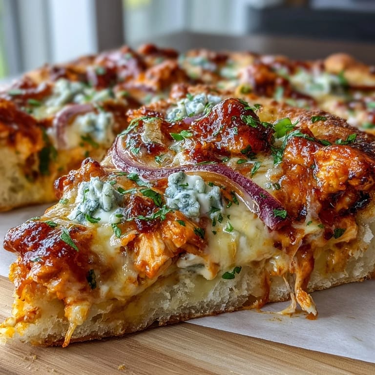 Golden-crusted Buffalo Chicken Pizza topped with spicy buffalo chicken, red onions, and blue cheese crumbles on a wooden board.