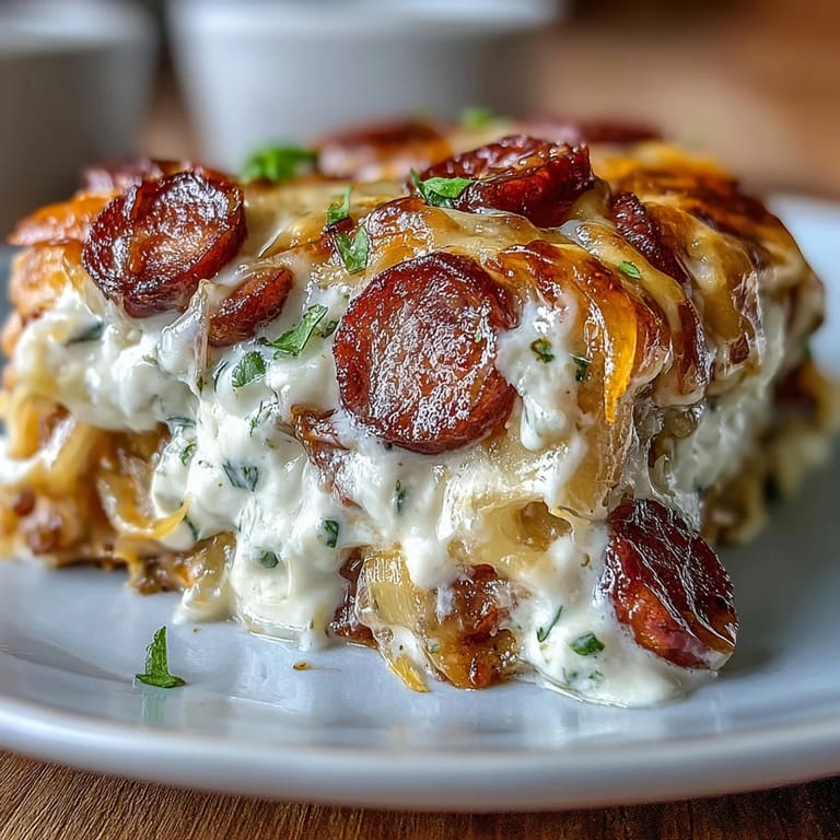Smoky Crockpot Pierogi Casserole with Kielbasa bubbling beside a dollop of tangy sour cream.