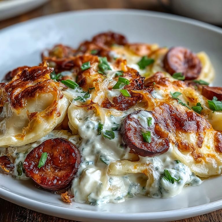 Hearty Crockpot Pierogi Casserole With Kielbasa served from the slow cooker with shredded cheddar garnish.