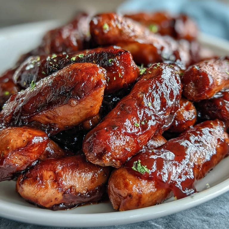 Tender Crock Pot BBQ Cocktail Sausages glazed with sticky apricot sauce, served warm with toothpicks on a rustic serving platter.