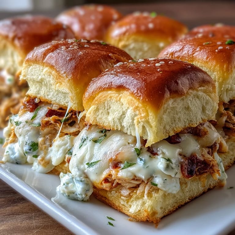 Buffalo chicken dip is layered between soft slider buns and baked until bubbly and golden.