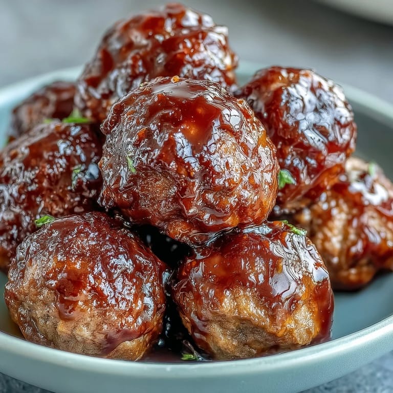 Golden meatballs simmered in a sticky peach glaze, topped with fresh parsley and ready for a family gathering.