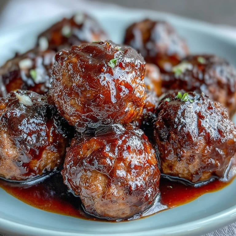 A close-up of tender Peach Glazed Meatballs in a sweet chili glaze, perfect over fluffy white rice for dinner.