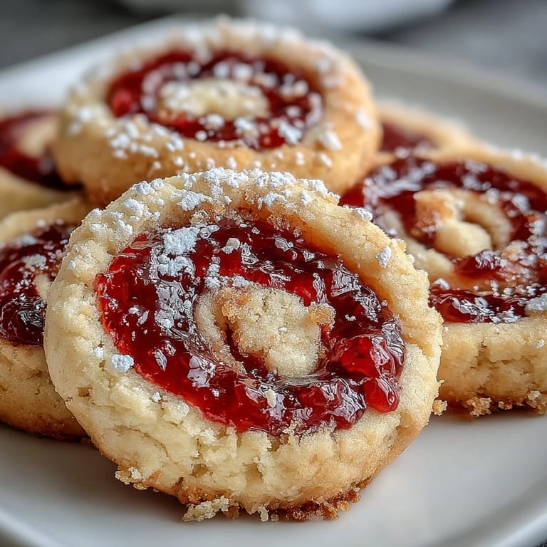 Homemade Raspberry Swirl Shortbread Cookies dusted with sugar, ready to serve as a gift.
